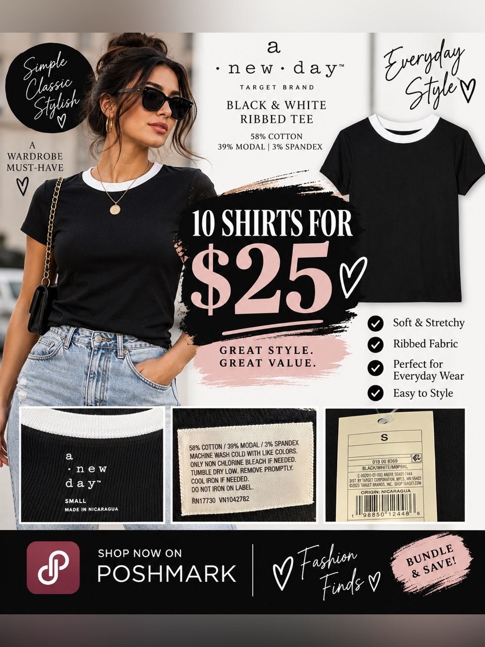 Target Brand  “A New Day”  Black & White Ribbed Tee - 10 Pack